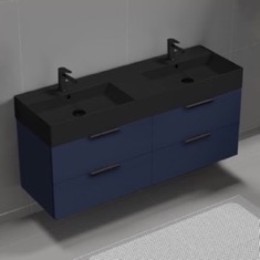 Double Floating Bathroom Vanity, Modern, Blue, 56 inch